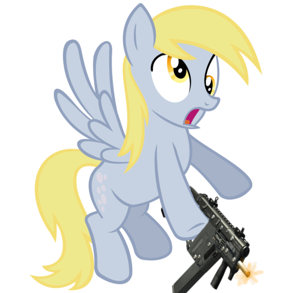 Size: 900x900 | Tagged: safe, banned from derpibooru, deleted from derpibooru, derpibooru import, derpy hooves, gun, kriss vector, muzzle flash, open mouth, solo, submachinegun, surprised, vector, weapon