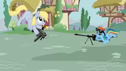 Size: 900x506 | Tagged: safe, banned from derpibooru, deleted from derpibooru, derpibooru import, derpy hooves, rainbow dash, barrett m82, derp, desert eagle, gun, handgun, kriss vector, m82, pistol, ponyville, rifle, sniper rifle, submachinegun, sunglasses, vector, weapon