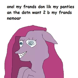 Size: 514x514 | Tagged: safe, artist:dellovan, banned from derpibooru, deleted from derpibooru, derpibooru import, pinkie pie, comic sans, ms paint, stylistic suck