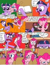 Size: 1700x2204 | Tagged: safe, artist:freepi, banned from derpibooru, deleted from derpibooru, derpibooru import, pinkie pie, twilight sparkle, earth pony, pony, unicorn, comic:pinkie pies lesson, angry, book, comic, duo, duo female, female, golden oaks library, grimdark source, mare, prank, prone, reading, sad