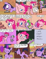 Size: 1700x2204 | Tagged: safe, artist:freepi, banned from derpibooru, deleted from derpibooru, derpibooru import, pinkie pie, spike, twilight sparkle, dragon, earth pony, pony, unicorn, comic:pinkie pies lesson, book, comic, female, golden oaks library, grimdark source, male, mare, prone, punch (drink), punch bowl, snorting