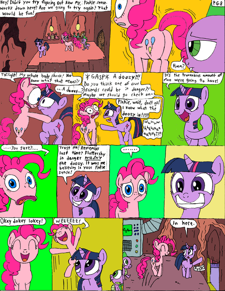 Size: 1700x2193 | Tagged: safe, artist:freepi, banned from derpibooru, deleted from derpibooru, derpibooru import, pinkie pie, spike, twilight sparkle, dragon, earth pony, pony, unicorn, comic:pinkie pies lesson, basement, comic, female, golden oaks library, grimdark source, grin, male, mare, pinkie sense, pronking, smiling