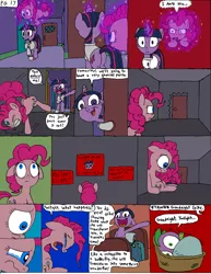 Size: 1700x2200 | Tagged: semi-grimdark, artist:freepi, banned from derpibooru, deleted from derpibooru, derpibooru import, pinkie pie, spike, twilight sparkle, comic:pinkie pies lesson, 1984, bandaid, big brother is watching, clothes, crying, image, lab coat, out of character, png