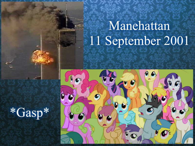 Size: 1023x767 | Tagged: grimdark, banned from derpibooru, deleted from derpibooru, derpibooru import, applejack, fluttershy, pinkie pie, rarity, twilight sparkle, 9/11, destruction, explosion, fire, manhattan, new york, new york city, plane, terrorism, terrorist, twin towers, world trade center