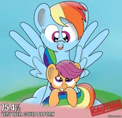 Size: 800x774 | Tagged: safe, artist:theartistsora, banned from derpibooru, deleted from derpibooru, derpibooru import, rainbow dash, scootaloo, caption, exploitable meme, image macro, meme, text