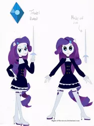 Size: 1147x1531 | Tagged: safe, artist:flight-of-the-moon, banned from derpibooru, deleted from derpibooru, derpibooru import, rarity, equestria girls, high heels, lipstick, magical girl, ponied up, rapier, shoes, solo, sword, weapon