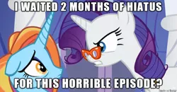 Size: 610x318 | Tagged: safe, banned from derpibooru, deleted from derpibooru, derpibooru import, screencap, rarity, sassy saddles, canterlot boutique, angry, caption, eye contact, floppy ears, frown, glare, gritted teeth, hiatus, image macro, looking at each other, meme, op failed at starting shit, reaction image, season 5 hate, text, wide eyes