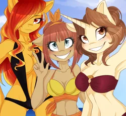 Size: 1280x1182 | Tagged: suggestive, artist:harmoniousrain, banned from derpibooru, deleted from derpibooru, derpibooru import, oc, oc:golden pen, oc:red fire, oc:rubyrue, unofficial characters only, anthro, abs, adorasexy, anthro oc, armpits, bandana, bikini, breasts, cleavage, clothes, cute, ear piercing, earring, female, grin, jewelry, peace sign, photo, piercing, sexy, sling bikini, smiling, swimsuit, underass