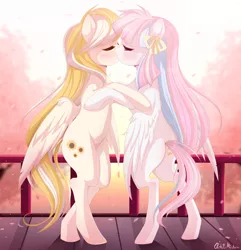 Size: 1280x1329 | Tagged: safe, artist:pastelmistress, banned from derpibooru, deleted from derpibooru, derpibooru import, oc, oc:star chaser, oc:sun dance, unofficial characters only, pegasus, pony, bipedal, female, kissing, lesbian