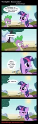 Size: 724x2312 | Tagged: safe, artist:silverslinger, banned from derpibooru, deleted from derpibooru, derpibooru import, spike, twilight sparkle, moose, aside glance, comic, frown, glare, grumpy, lies, look a moose, looking at you, open mouth, pointing, raised eyebrow, sideways glance, smiling, unamused, wide eyes