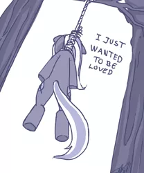 Size: 500x600 | Tagged: grimdark, artist:ponykillerx, banned from derpibooru, deleted from derpibooru, derpibooru import, trixie, pony, unicorn, abuse, dead, death, female, hanging, hanging (by neck), harsher in hindsight, hilarious in hindsight, mare, monochrome, noose, rope, suicide, tree, trixiebuse