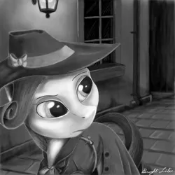 Size: 2048x2048 | Tagged: safe, artist:bright lite, banned from derpibooru, deleted from derpibooru, derpibooru import, rarity, rarity investigates, alleyway, black and white, dark alley, detective, detective rarity, grayscale, hat, lantern, looking over shoulder, monochrome, night, sidewalk, solo