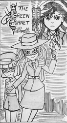 Size: 527x960 | Tagged: safe, artist:atisuto17, banned from derpibooru, deleted from derpibooru, derpibooru import, coco pommel, rarity, sunset shimmer, human, comics, detective rarity, female, heroes, humanized, kato, monochrome, pulp hero, pulp style, superhero, the green hornet, traditional art