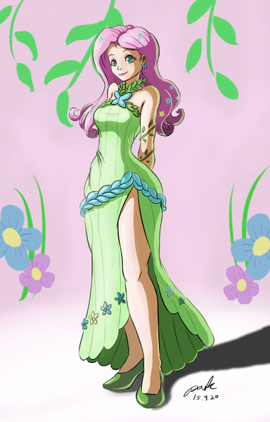 Size: 1087x1700 | Tagged: safe, artist:the-park, banned from derpibooru, deleted from derpibooru, derpibooru import, fluttershy, human, clothes, dress, gala dress, humanized, side slit, solo