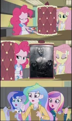 Size: 606x1024 | Tagged: safe, banned from derpibooru, deleted from derpibooru, derpibooru import, fluttershy, pinkie pie, princess cadance, princess celestia, princess luna, equestria girls, friendship games, cake, dean cadance, exploitable meme, food, fork, han solo, inside the cake meme, meme, principal celestia, shocked, star wars, vice principal luna