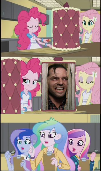 Size: 605x1024 | Tagged: safe, banned from derpibooru, deleted from derpibooru, derpibooru import, pinkie pie, princess cadance, princess celestia, princess luna, equestria girls, friendship games, cake, dean cadance, exploitable meme, food, here is johnny!, inside the cake meme, jack nicholson, jack torrance, meme, principal celestia, template, the shining, vice principal luna