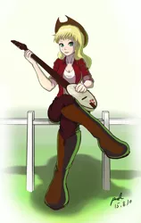 Size: 2196x3468 | Tagged: safe, artist:the-park, banned from derpibooru, deleted from derpibooru, derpibooru import, applejack, human, banjo, fence, humanized, musical instrument, solo
