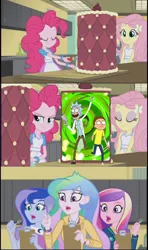 Size: 605x1024 | Tagged: safe, banned from derpibooru, deleted from derpibooru, derpibooru import, fluttershy, pinkie pie, princess cadance, princess celestia, princess luna, equestria girls, friendship games, crossover, dean cadance, exploitable meme, inside the cake meme, meme, principal celestia, rick and morty, vice principal luna