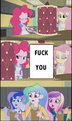 Size: 605x1024 | Tagged: safe, banned from derpibooru, deleted from derpibooru, derpibooru import, fluttershy, pinkie pie, princess cadance, princess celestia, princess luna, equestria girls, friendship games, cake, dean cadance, exploitable meme, food, inside the cake meme, meme, principal celestia, vice principal luna, vulgar