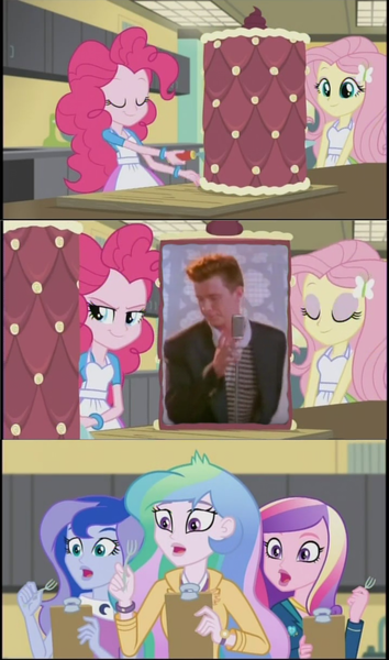 Size: 605x1024 | Tagged: safe, banned from derpibooru, deleted from derpibooru, derpibooru import, pinkie pie, princess cadance, princess celestia, princess luna, equestria girls, friendship games, cake, dean cadance, exploitable meme, food, inside the cake meme, meme, obligatory pony, principal celestia, rick astley, rickroll, vice principal luna