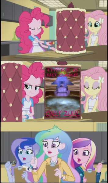 Size: 605x1024 | Tagged: safe, banned from derpibooru, deleted from derpibooru, derpibooru import, fluttershy, pinkie pie, princess cadance, princess celestia, princess luna, equestria girls, friendship games, cake, dean cadance, exploitable meme, food, fork, inside the cake meme, meme, obligatory pony, principal celestia, shocked, vice principal luna, zuul