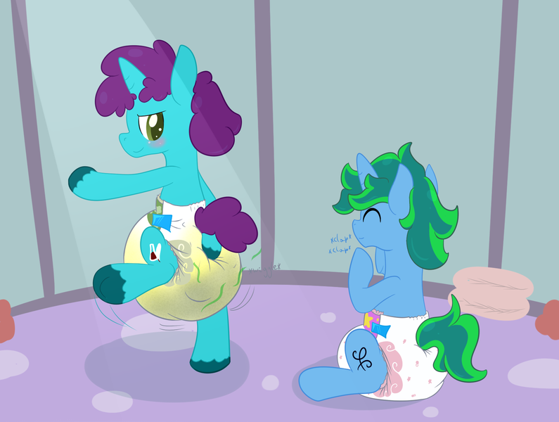 Size: 1557x1175 | Tagged: questionable, artist:vitriolink, banned from derpibooru, deleted from derpibooru, derpibooru import, oc, oc:bonded friendship, oc:vitriol ink, unofficial characters only, clapping, cute, dancing, diaper, diaper fetish, fetish, messy diaper, poofy diaper, poop, poopy diaper, smelly, urine, wet diaper