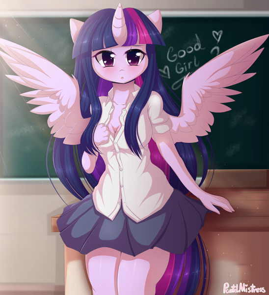 Size: 1280x1401 | Tagged: suggestive, artist:pastelmistress, banned from derpibooru, deleted from derpibooru, derpibooru import, twilight sparkle, alicorn, anthro, breasts, chalkboard, classroom, cleavage, clothes, desk, female, looking at you, schoolgirl, school uniform, skirt, solo, twilight sparkle (alicorn)