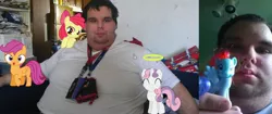 Size: 2742x1154 | Tagged: safe, banned from derpibooru, deleted from derpibooru, derpibooru import, apple bloom, rainbow dash, scootaloo, sweetie belle, human, brony, cutie mark crusaders, halo, irl, irl human, merchandise, neckbeard, photo, toy