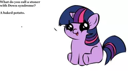 Size: 1194x668 | Tagged: safe, banned from derpibooru, deleted from derpibooru, derpibooru import, twilight sparkle, down syndrome, exploitable meme, female, filly, filly twilight sparkle, filly twilight telling an offensive joke, meme, obligatory pony, vulgar, younger