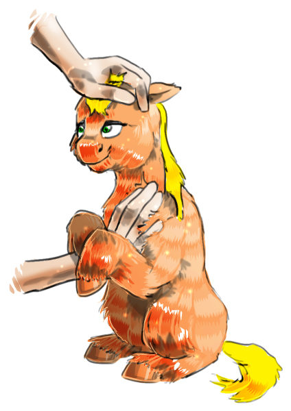 Size: 424x600 | Tagged: safe, artist:davide76, artist:lemurkatta, banned from derpibooru, deleted from derpibooru, derpibooru import, applejack, fluffy pony, human, colored, cute, hand