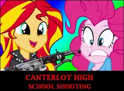 Size: 650x477 | Tagged: semi-grimdark, banned from derpibooru, deleted from derpibooru, derpibooru import, pinkie pie, sunset shimmer, equestria girls, dude not funny, gun, image, jpeg, school shooting, too soon, we are going to hell, weapon, you monster