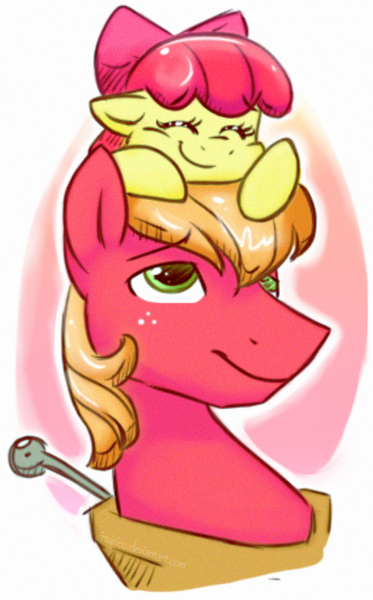 Size: 903x1454 | Tagged: safe, artist:imarieu, banned from derpibooru, deleted from derpibooru, derpibooru import, apple bloom, big macintosh, earth pony, pony, brother and sister, female, male, pony hat, siblings, stallion