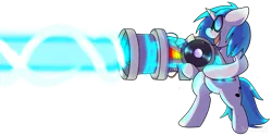 Size: 1600x800 | Tagged: safe, artist:tentauncool, banned from derpibooru, deleted from derpibooru, derpibooru import, vinyl scratch, bass cannon, bipedal, simple background, solo, transparent background