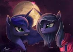 Size: 1524x1096 | Tagged: safe, artist:ponykillerx, banned from derpibooru, deleted from derpibooru, derpibooru import, princess luna, pony, angry, clothes, eye contact, female, gritted teeth, heart, hoodie, horn, horns are touching, looking at each other, mare, moon, s1 luna, self ponidox