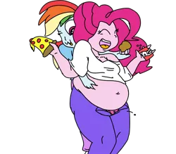 Size: 4000x3500 | Tagged: suggestive, artist:perlast, banned from derpibooru, deleted from derpibooru, derpibooru import, pinkie pie, rainbow dash, equestria girls, :3, belly, belly button, belly grab, big belly, button popping, chubby, coke, cupcake, fat, food, love handles, pizza, pudgy pie, soda, stuffed, tickling, tongue out