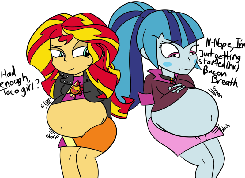 Size: 2200x1600 | Tagged: safe, artist:perlast, banned from derpibooru, deleted from derpibooru, derpibooru import, sonata dusk, sunset shimmer, equestria girls, belly, big belly, blushing, dialogue, fat, hiccups, slobset shimmer, sonatubby, stomach noise, stuffed