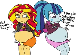 Size: 2200x1600 | Tagged: safe, artist:perlast, banned from derpibooru, deleted from derpibooru, derpibooru import, sonata dusk, sunset shimmer, equestria girls, belly, big belly, blushing, dialogue, fat, hiccups, slobset shimmer, sonatubby, stomach noise, stuffed