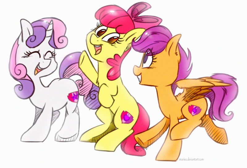 Size: 2048x1390 | Tagged: safe, artist:imarieu, banned from derpibooru, deleted from derpibooru, derpibooru import, apple bloom, scootaloo, sweetie belle, crusaders of the lost mark, cutie mark, cutie mark crusaders, the cmc's cutie marks