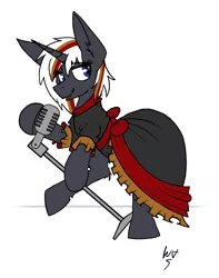 Size: 3148x3996 | Tagged: safe, artist:wingedthoughts, banned from derpibooru, deleted from derpibooru, derpibooru import, oc, oc:velvet remedy, fallout equestria, clothes, dress, microphone, singing, solo