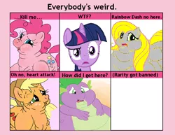 Size: 716x552 | Tagged: safe, banned from derpibooru, deleted from derpibooru, derpibooru import, edit, applejack, derpy hooves, fluttershy, pinkie pie, spike, twilight sparkle, 6 pony meme, exploitable meme, fat, fattershy, lordryu fat edit, meme, morbidly obese, obese, parody, recolor