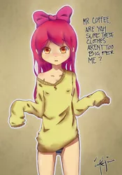 Size: 748x1068 | Tagged: suggestive, artist:inkintime, banned from derpibooru, deleted from derpibooru, derpibooru import, apple bloom, human, blushing, clothes, humanized, panties, sweater, underwear