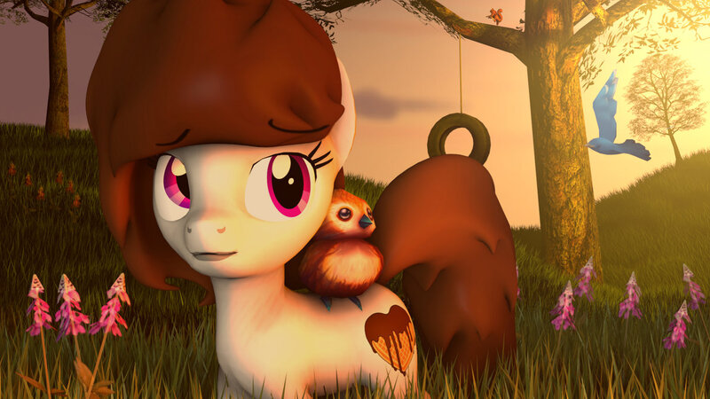 Size: 1191x670 | Tagged: safe, artist:chocokumiko, banned from derpibooru, deleted from derpibooru, derpibooru import, oc, oc:kumikoshy, unofficial characters only, bird, 3d, flower, grass, grass field, rope, source filmmaker, tree