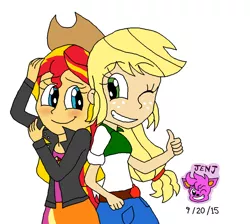 Size: 1000x896 | Tagged: safe, artist:resotii, banned from derpibooru, deleted from derpibooru, derpibooru import, applejack, sunset shimmer, equestria girls, accessory swap, appleshimmer, blushing, female, hat, lesbian, looking at each other, one eye closed, shipping, simple background, smiling, thumbs up, white background, wink