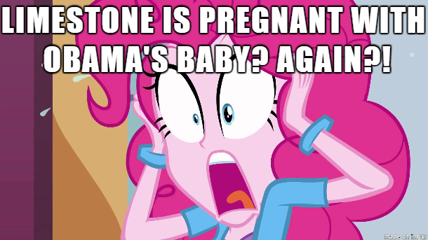 Size: 610x343 | Tagged: safe, banned from derpibooru, deleted from derpibooru, derpibooru import, limestone pie, pinkie pie, equestria girls, barack obama, caption, image macro, meme, pregnant, random, shocked, text, wat