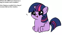 Size: 1194x668 | Tagged: semi-grimdark, banned from derpibooru, deleted from derpibooru, derpibooru import, twilight sparkle, cocaine, drugs, eric clapton, exploitable meme, female, filly, filly twilight sparkle, filly twilight telling an offensive joke, meme, obligatory pony, tears in heaven, vulgar, younger