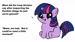Size: 1194x668 | Tagged: semi-grimdark, banned from derpibooru, deleted from derpibooru, derpibooru import, twilight sparkle, caption, crime against humanity, exploitable meme, female, filly, filly twilight sparkle, filly twilight telling an offensive joke, food, image macro, meme, mustard, mustard gas, nerve gas, obligatory pony, saddam hussein, sauce, solo, text, vulgar, war crime, younger
