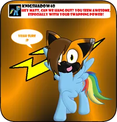 Size: 833x863 | Tagged: safe, artist:mattmiles, banned from derpibooru, deleted from derpibooru, derpibooru import, rainbow dash, oc, oc:matthew lightningfox, pegasus, pony, ask, body swap, happy, head swap, not salmon, question, tumblr, wat