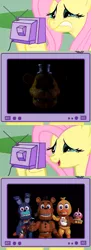 Size: 438x1200 | Tagged: safe, banned from derpibooru, deleted from derpibooru, derpibooru import, fluttershy, bonnie, chica, crossover, crying, cute, exploitable meme, five nights at freddy's, five nights at freddy's world, freddy fazbear, meme, obligatory pony, scared, tv meme