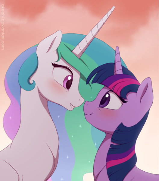 Size: 600x682 | Tagged: safe, artist:akeahi, banned from derpibooru, deleted from derpibooru, derpibooru import, edit, princess celestia, twilight sparkle, alicorn drama, blushing, drama, eye contact, female, lesbian, looking at each other, shipping, twilestia, wingless, wingless edit