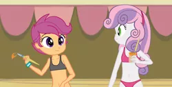 Size: 1456x739 | Tagged: suggestive, banned from derpibooru, deleted from derpibooru, derpibooru import, edit, edited screencap, screencap, scootaloo, sweetie belle, equestria girls, belly button, black underwear, bra, breasts, clothes, crop top bra, delicious flat chest, female, flatie belle, midriff, panties, pink underwear, scootaflat, underwear, underwear edit